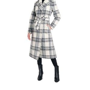 TAHARI Plaid belted wrap coat, size Large